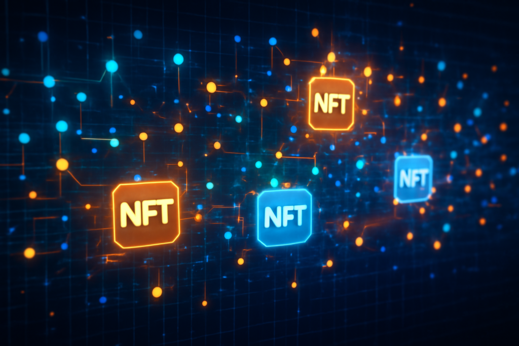 Digital blockchain grid with glowing nodes of High-value NFTs