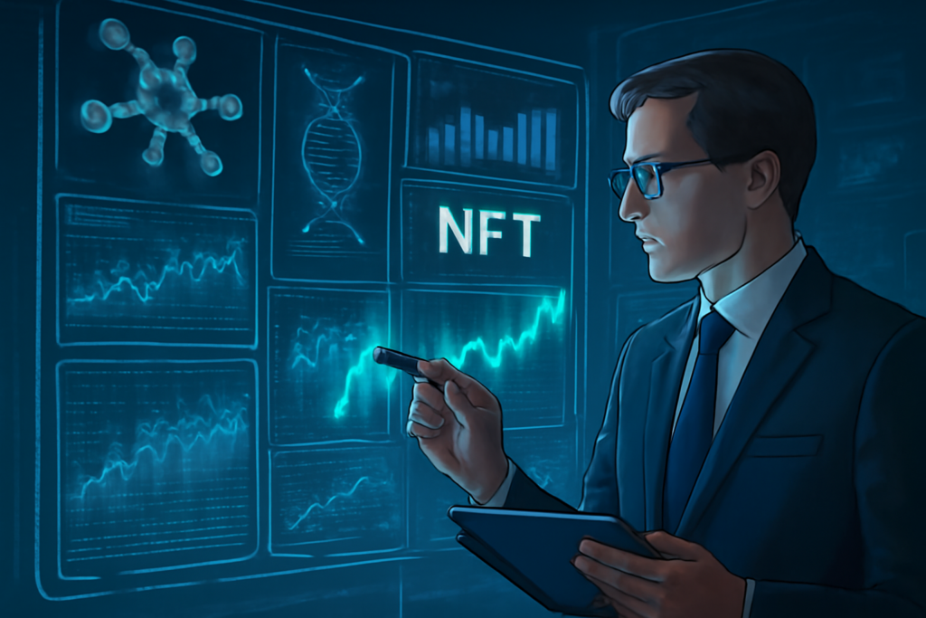 Investor analyzing scientific data and NFT markets