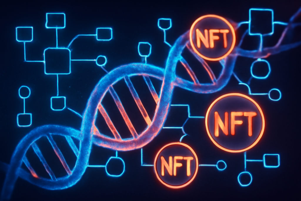Digital double helix intertwined with blockchain nodes and NFT tokens representing genetic data ownership