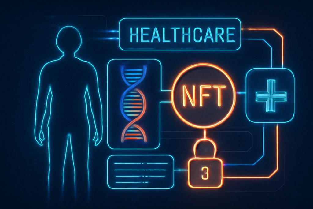 Futuristic healthcare interface showing patient-controlled NFT access to genetic and medical records on a blockchain