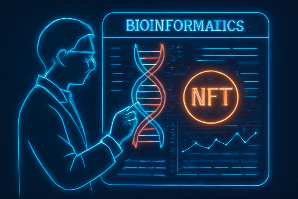 Bioinformatics researcher analyzing genetic NFTs on a transparent digital ledger with scientific data overlays.