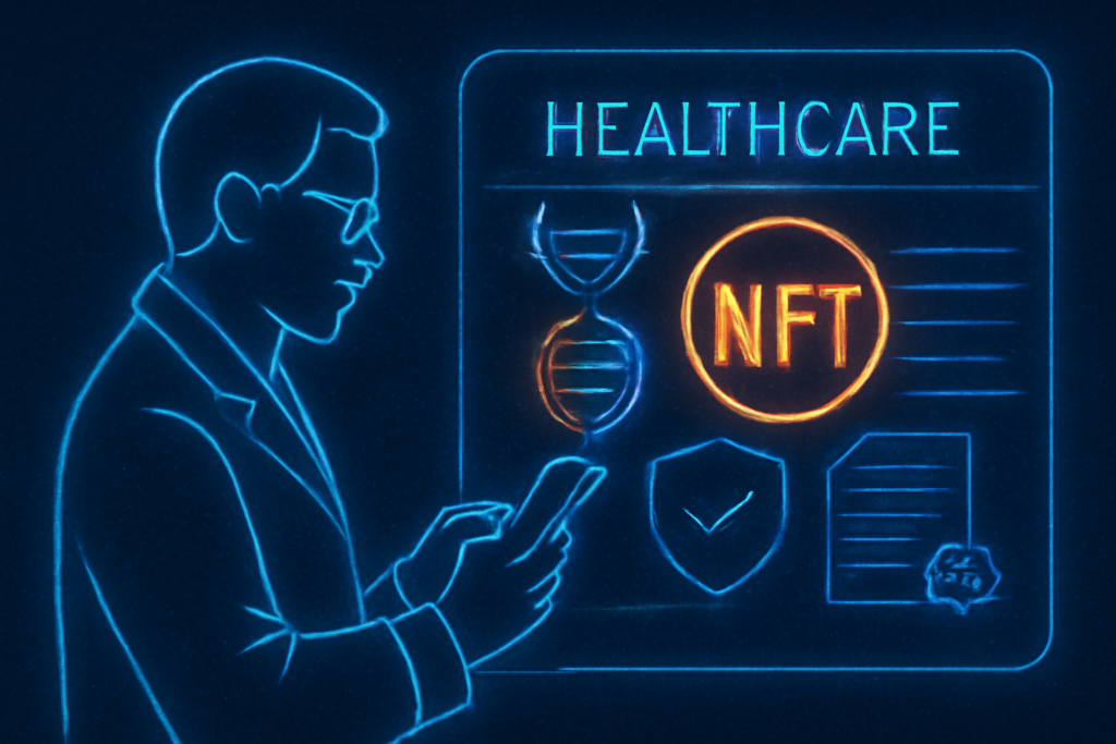 Healthcare professional using a blockchain-based app to manage patient genetic NFTs with compliance features and smart contract automation.