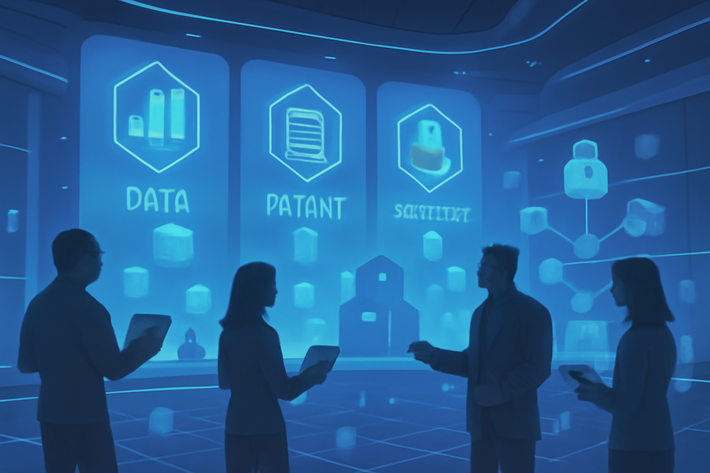 NFTs in Research Funding: How Science Is Driving Innovation with Futuristic digital marketplace where scientific NFTs representing data, patents
