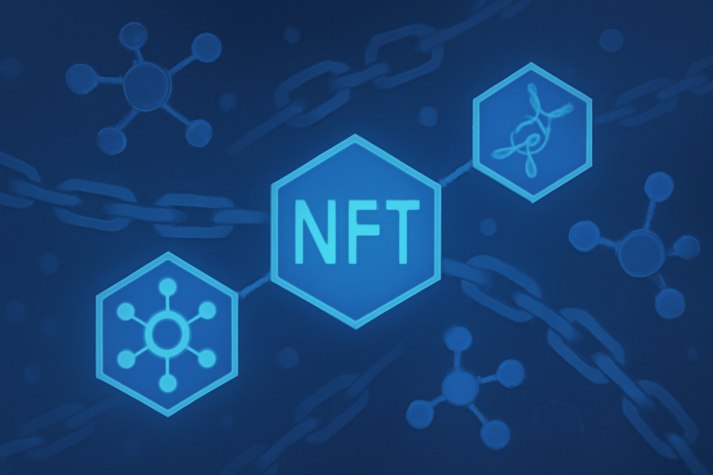 Digital molecular structures intertwined with blockchain chains and NFT tokens