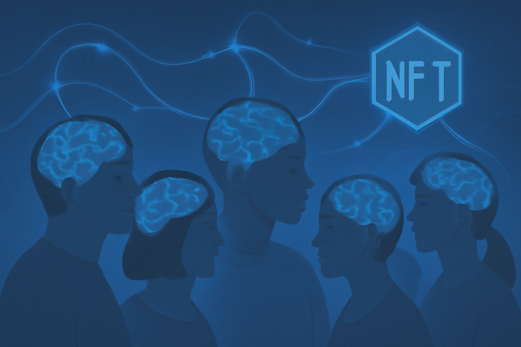 Diverse group of people connected by digital neural networks stressing on neuroscience of nfts