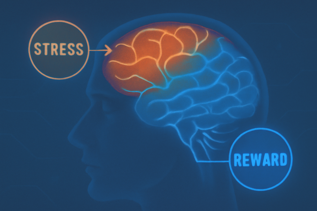 Neuroscience of nfts through Brain with highlighted stress and reward pathways 