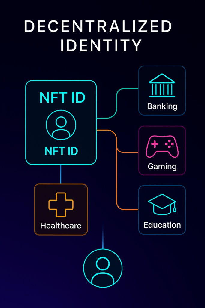 A decentralized identity ecosystem visual—showing a user accessing banking, gaming, healthcare, and education apps through a single NFT-based identity. Futuristic interface, clean graphics, 4K.
