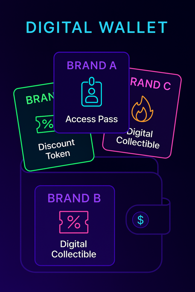 A sleek digital wallet showcasing multiple branded loyalty NFTs with perks like access passes, discount tokens, and digital collectibles. Clean UI, 4K, futuristic design.