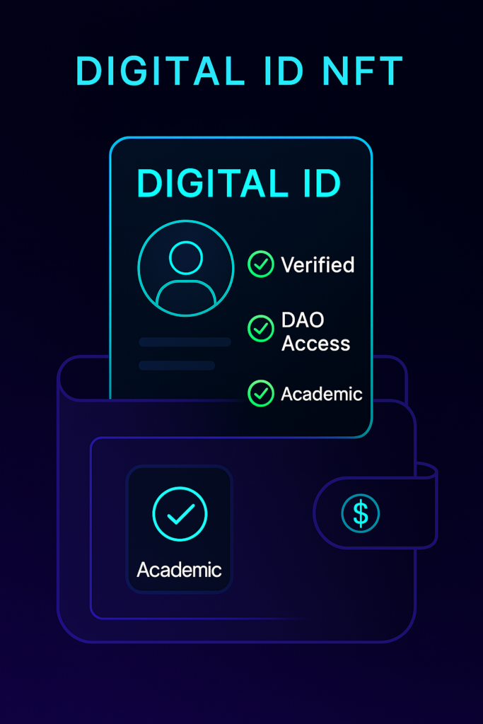 A digital ID NFT embedded in a user wallet, with visual elements like checkmarks for verified credentials, DAO access, and academic badges. Clean UI, secure look, 4K resolution.

