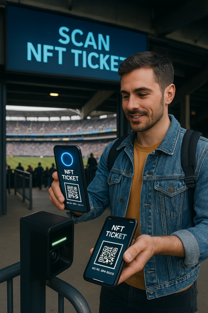 concertgoer scanning NFT ticket on phone at stadium entrance, digital display in background
