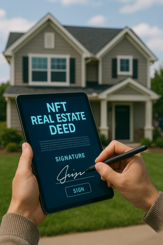 person signing NFT real estate deed on tablet, house visible in background, highlighting real world use cases of nfts.